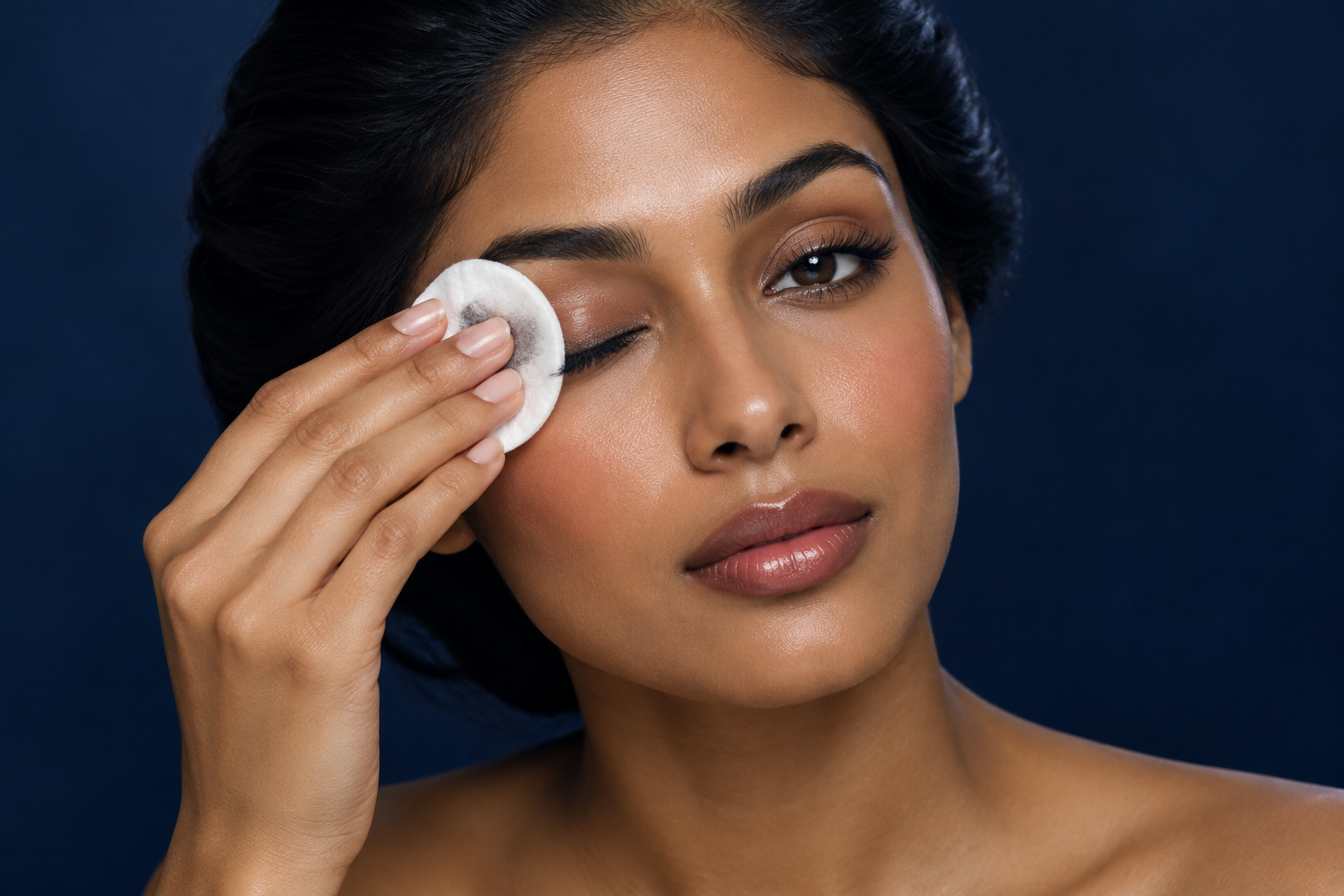 Woman with swept-back dark hair gently holding a cotton pad against her closed eyelid to remove eye makeup.