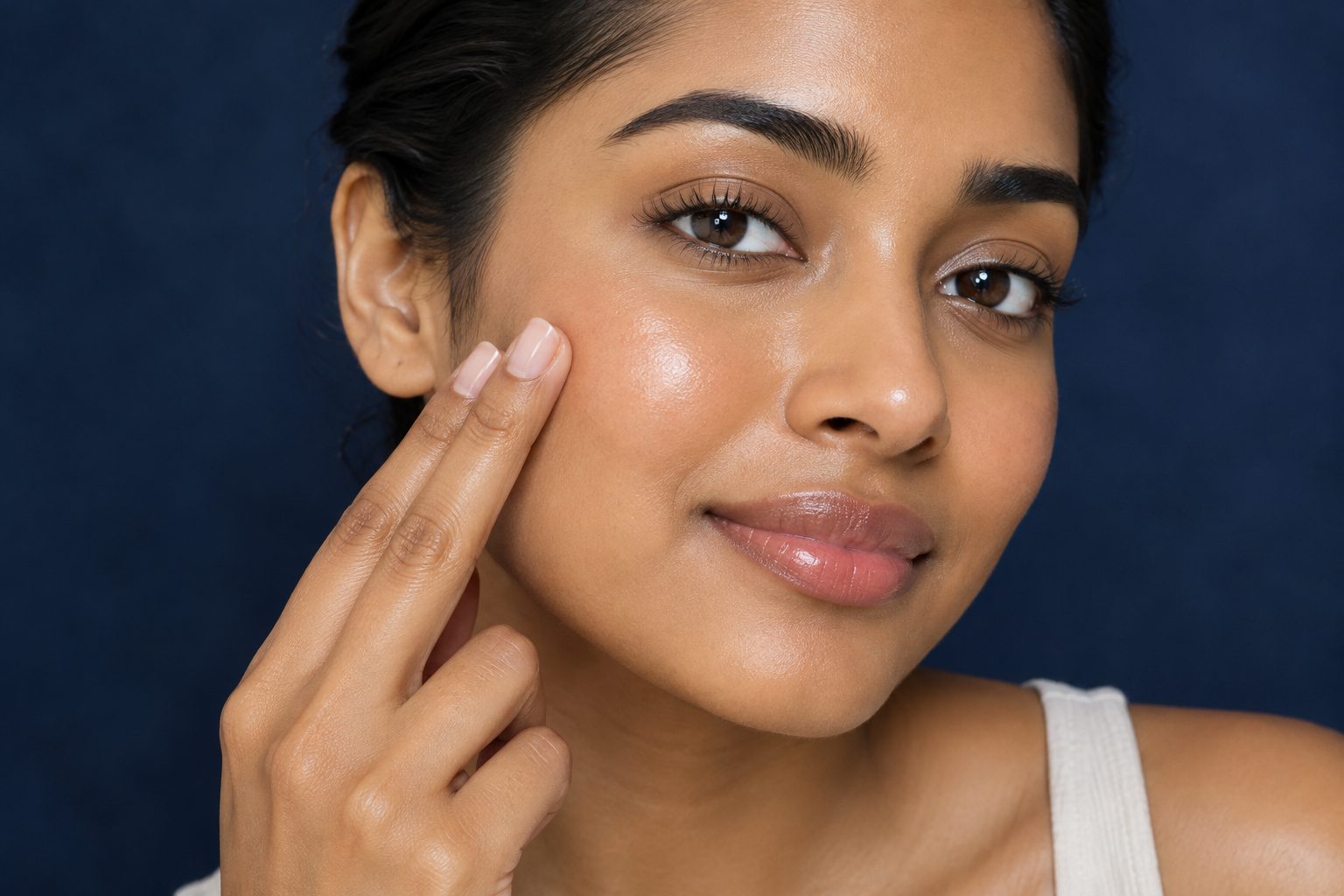 Woman with swept-back dark hair gently presses moisturizer into her cheek after cleansing.