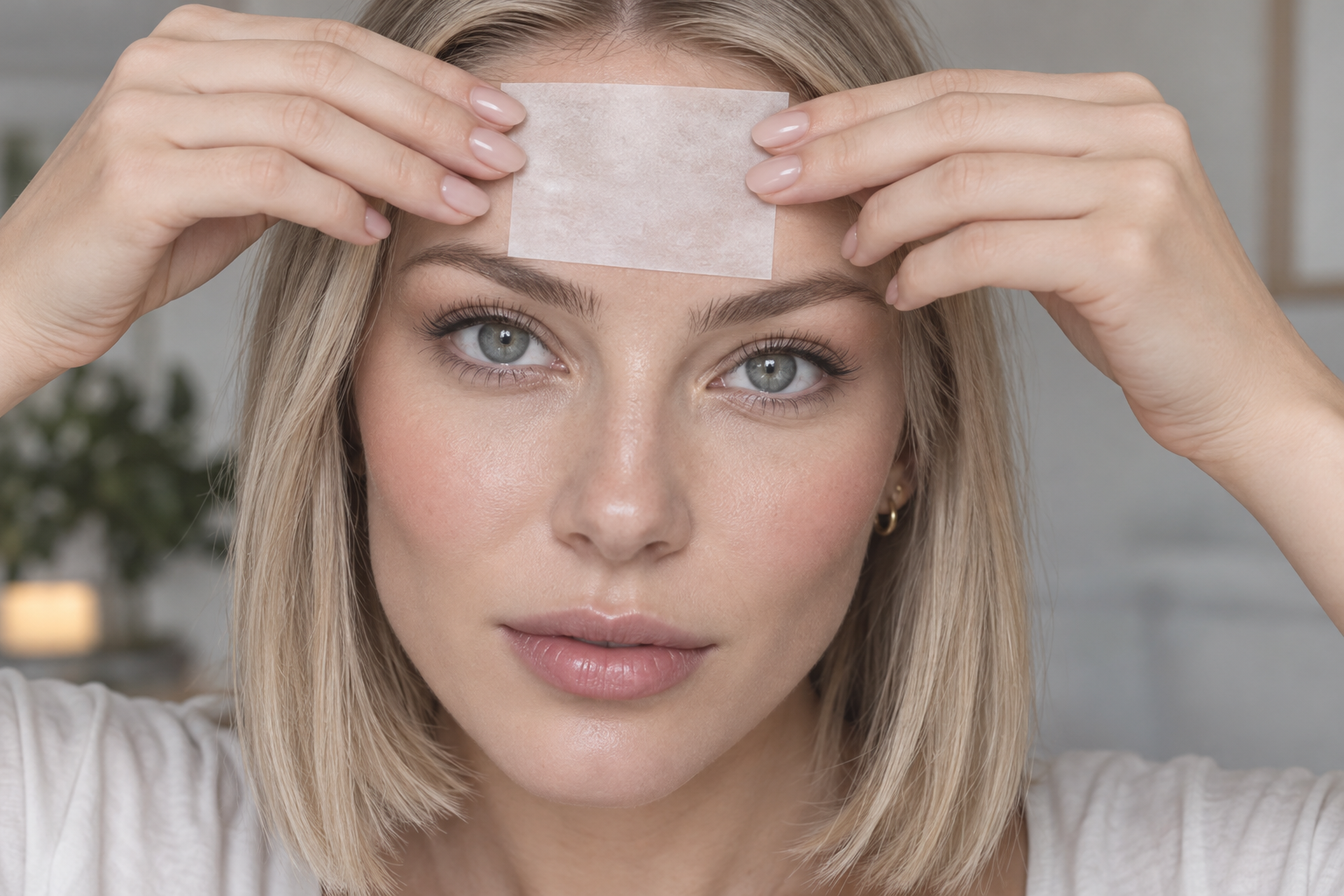 Fair-skinned woman with an ash-blonde blunt bob holding blotting paper against the center of her forehead with her fingertips.