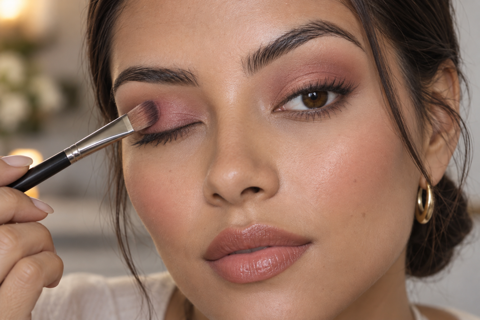 Woman pressing a flat eyeshadow brush onto her closed eyelid, with muted rose shadow concentrated on the lid and softly blended along its upper edge.