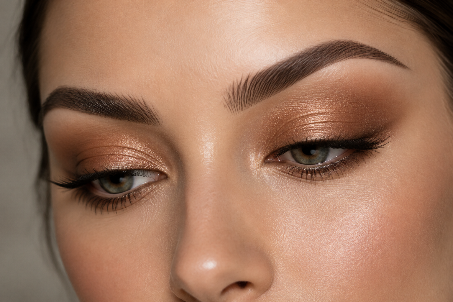 Close-up of a woman’s eyes with bronze eyeshadow concentrated on the lids, softly blended edges, and defined upper lashes.