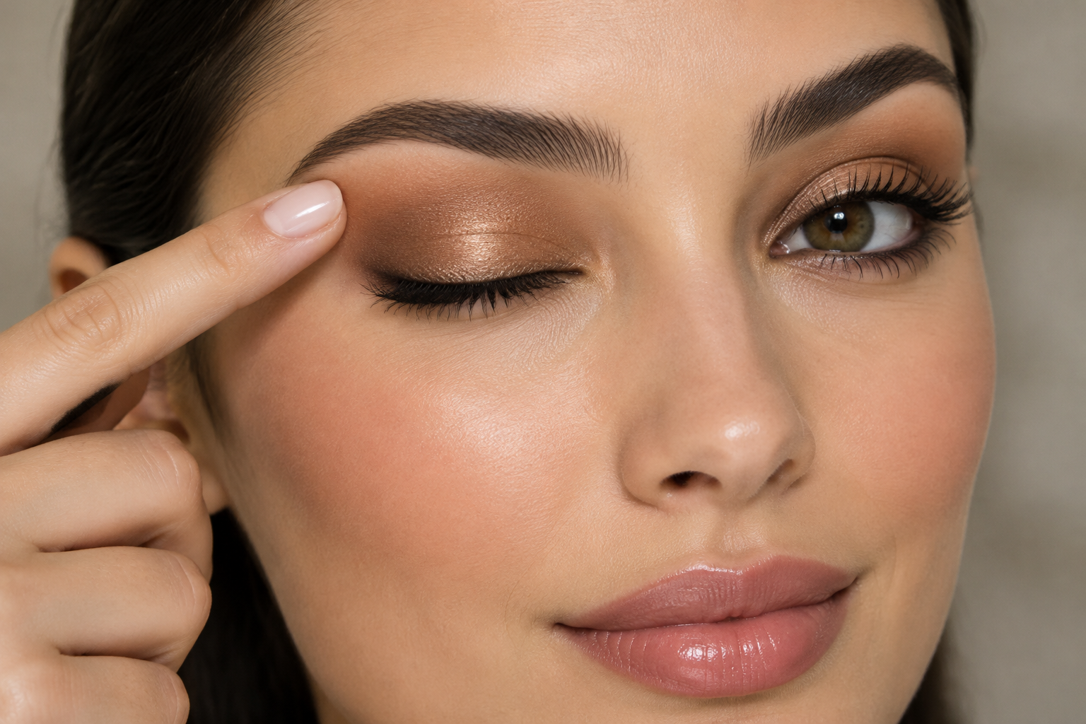 Woman with one eye closed touching the upper outer edge of bronze eyeshadow with a fingertip.