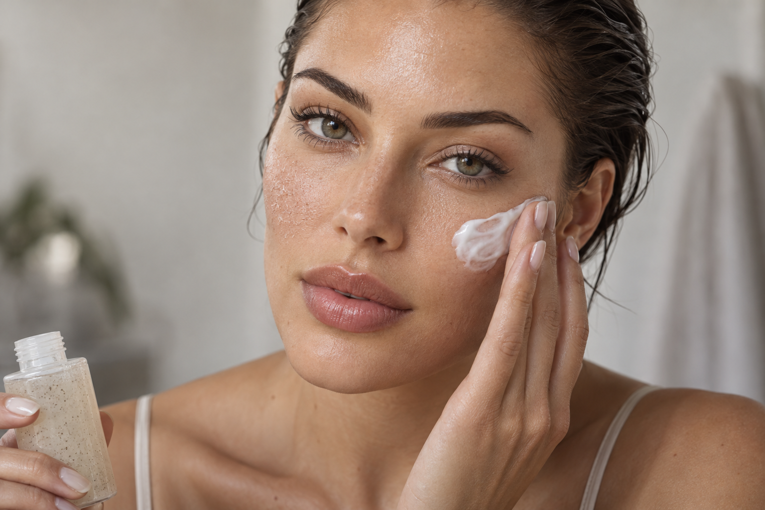 A woman applies moisturizer to her cheek while holding an unlabeled skincare bottle lowered near the edge of the frame.