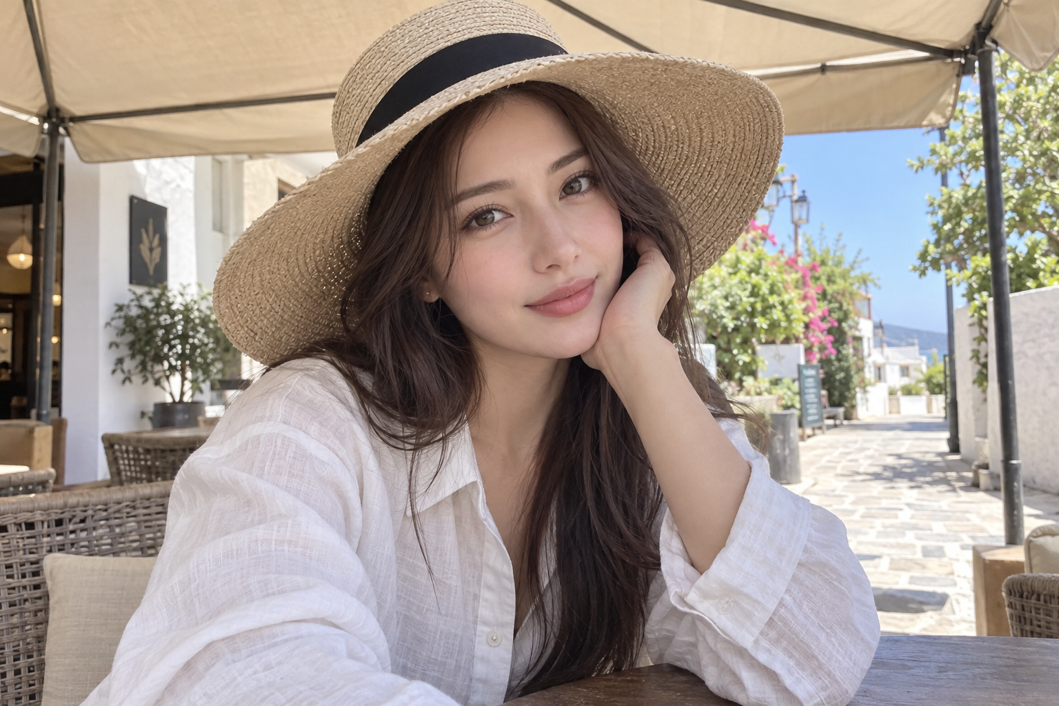 A woman wearing a wide-brimmed hat and a long-sleeved shirt sits beneath a shade canopy beside a sunlit walkway.