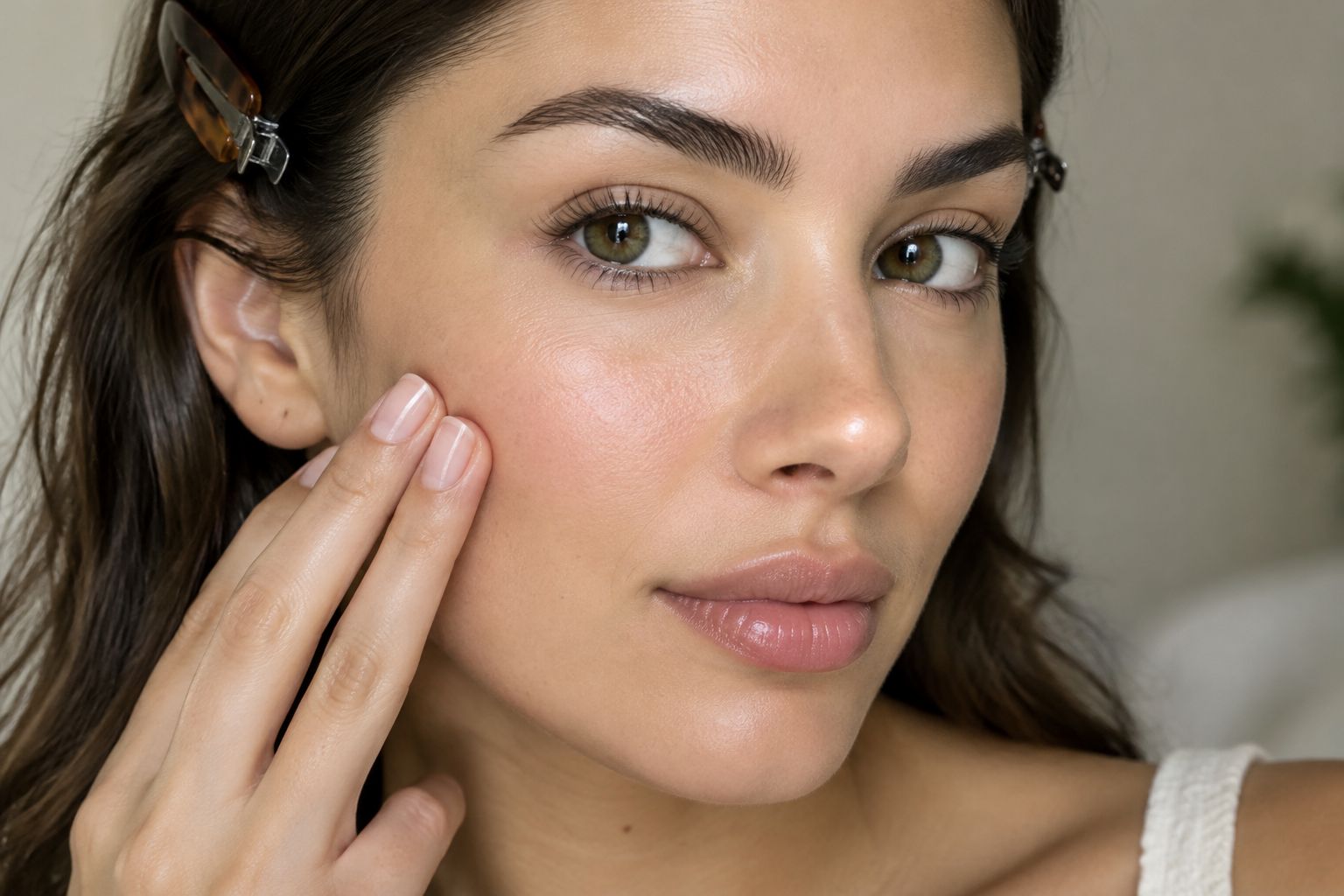 Woman with chestnut hair clipped back lightly touches her cheek before applying foundation.