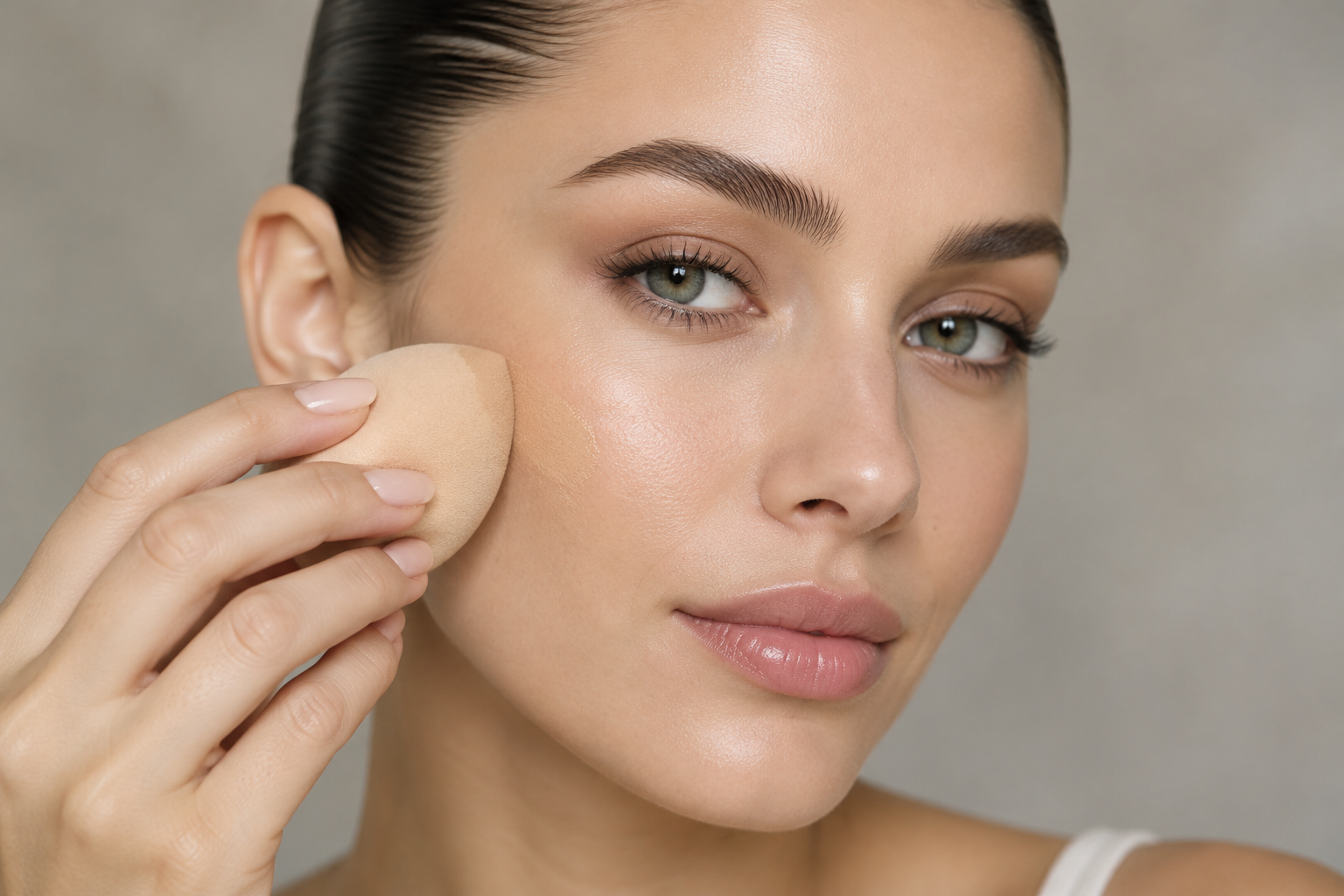 Woman with slicked-back hair gently pressing the rounded side of a makeup sponge against her cheek.