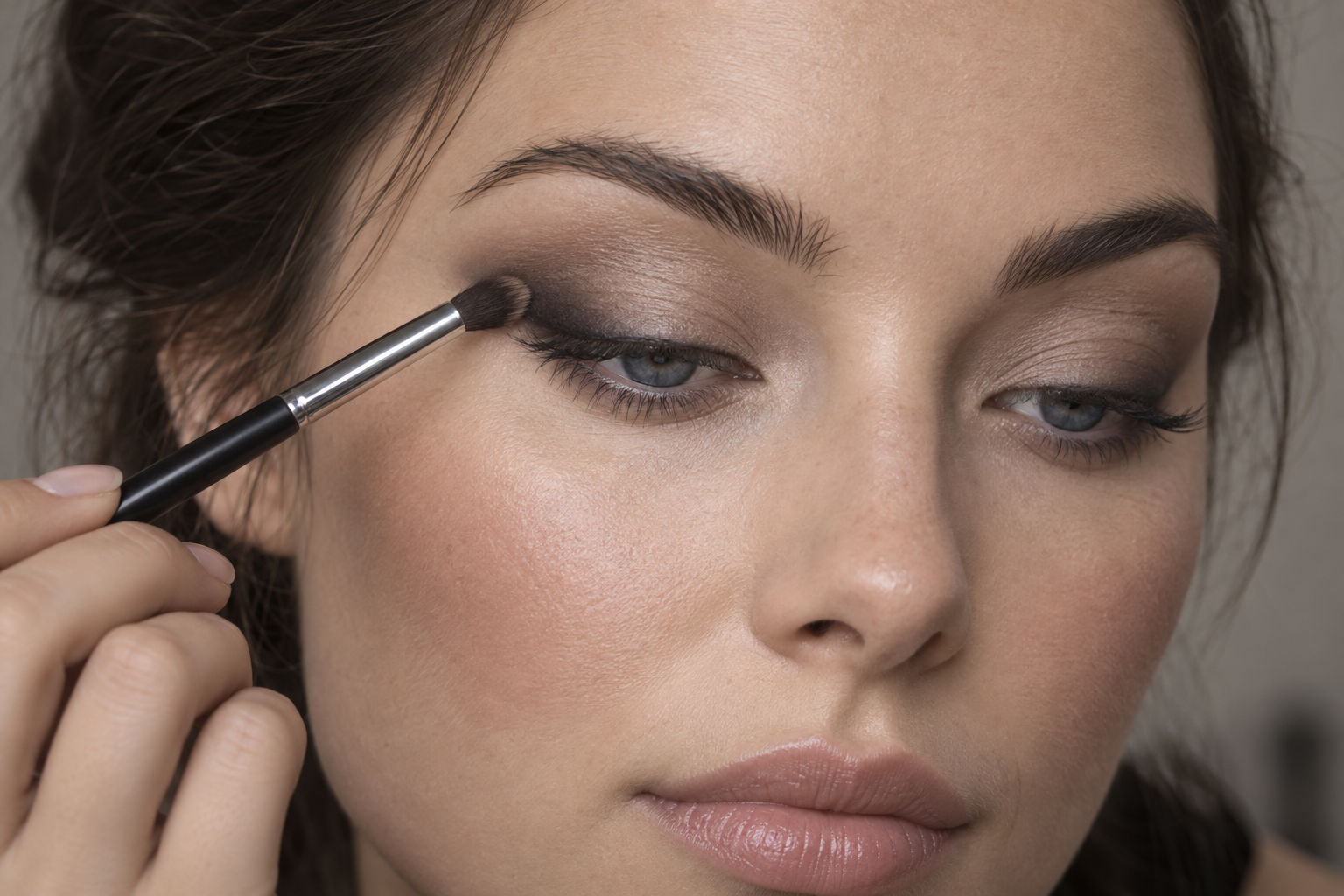 A brunette woman with lowered eyelids holds a small brush where charcoal shadow above her upper lashes meets taupe lid color.