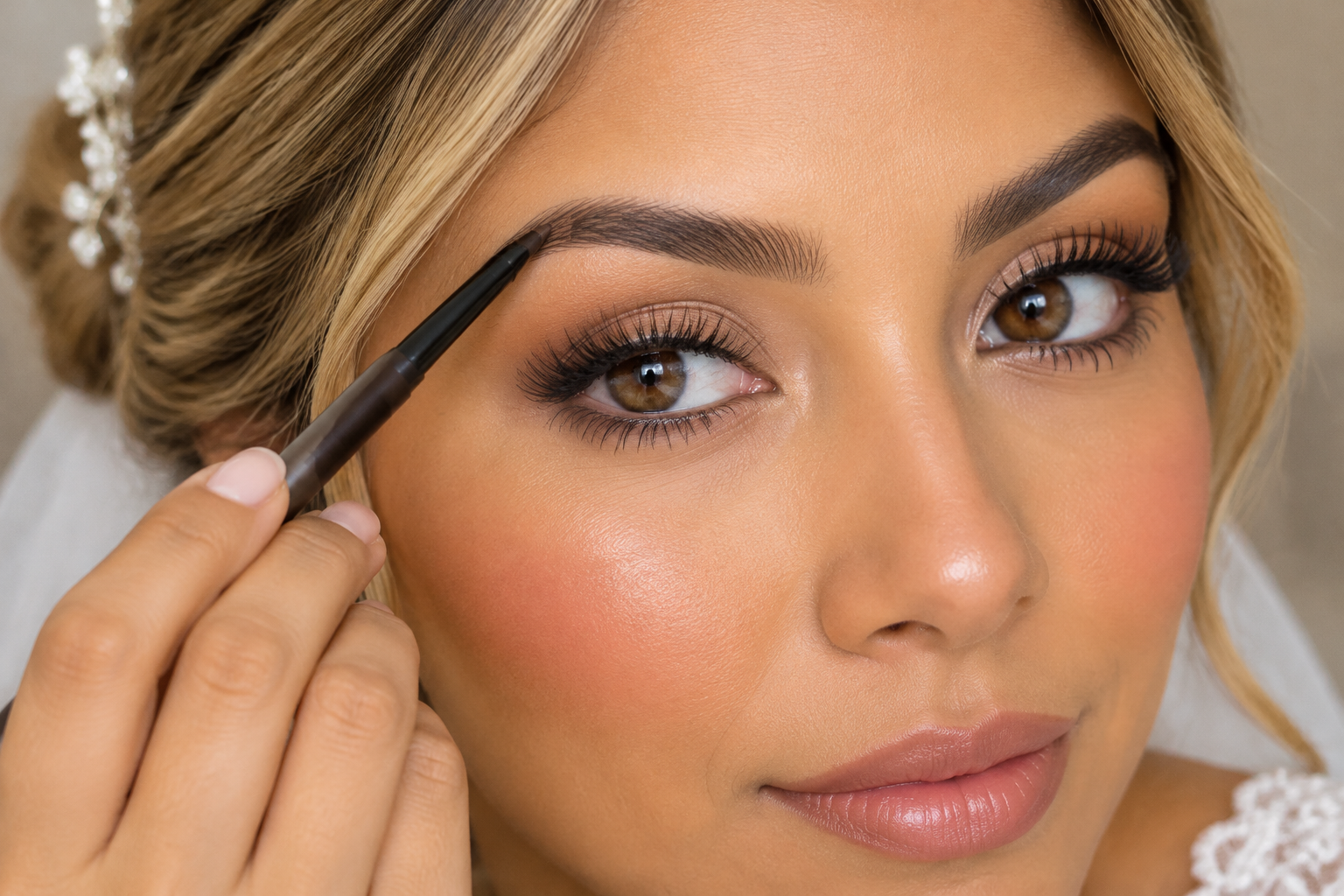 Latina bride with a honey-blonde updo holding a fine brow pencil against a small gap in her softly defined eyebrow.