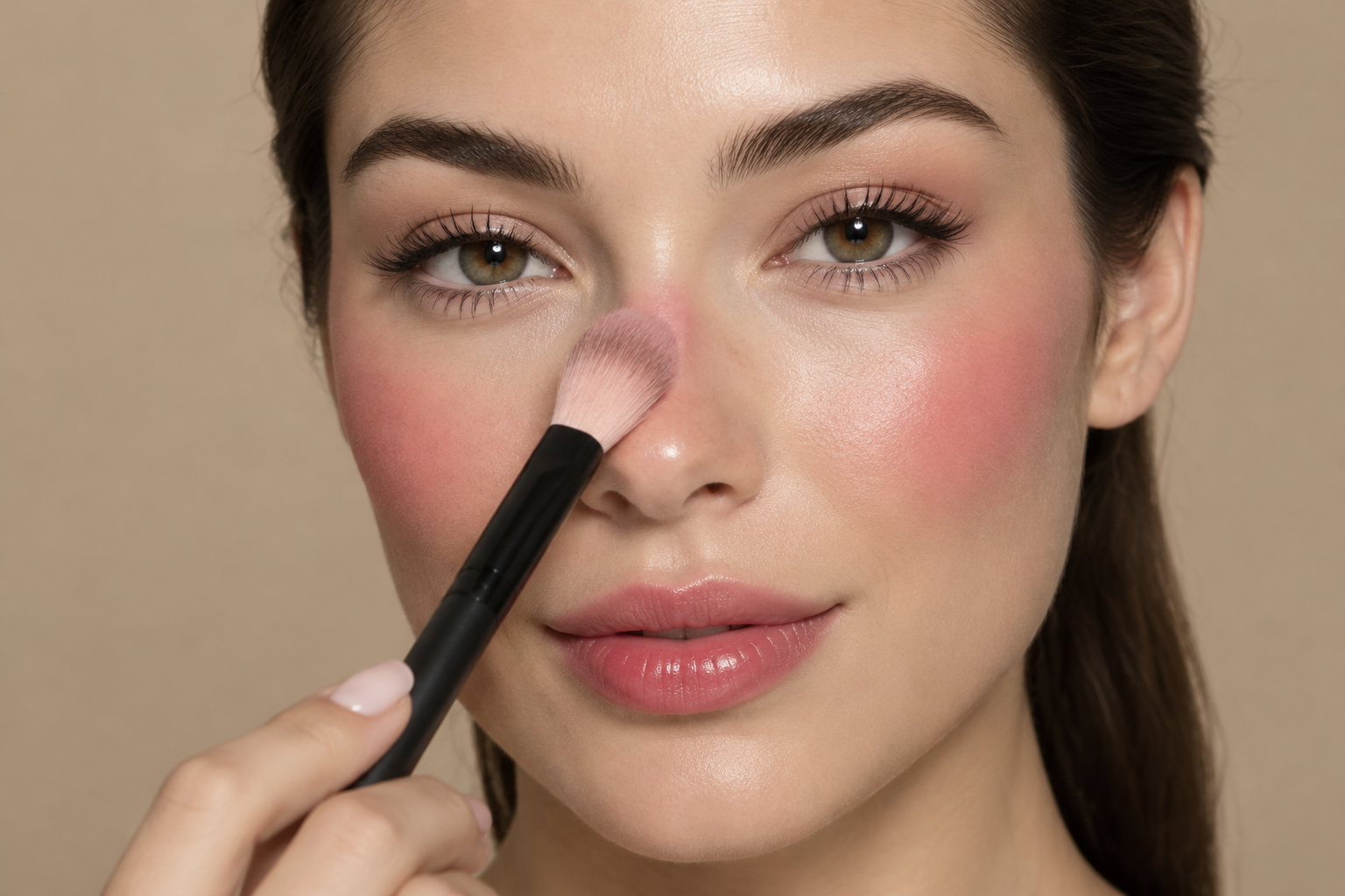 Woman touching a fluffy blush brush to the bridge of her nose, with faint pink color across the nose and stronger rosy blush on both cheeks.