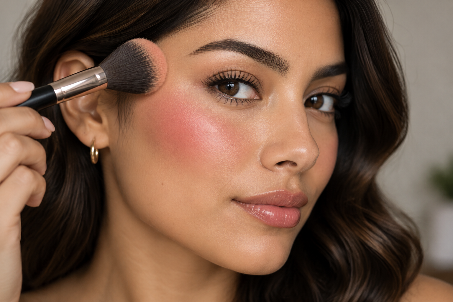 Woman in three-quarter view holding a fluffy blush brush at her temple, with rosy color concentrated on her upper outer cheek and fading toward the hairline.