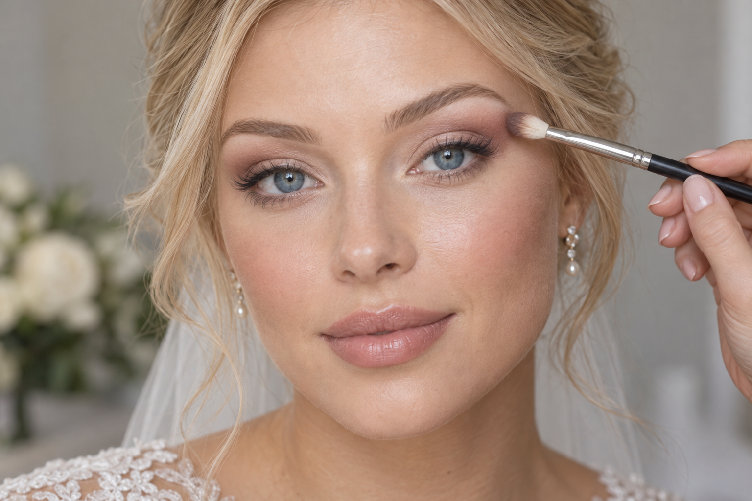 Blue-eyed blonde bride looking straight ahead as a small eyeshadow brush touches softly blended rose-brown shading just above her outer eyelid fold.