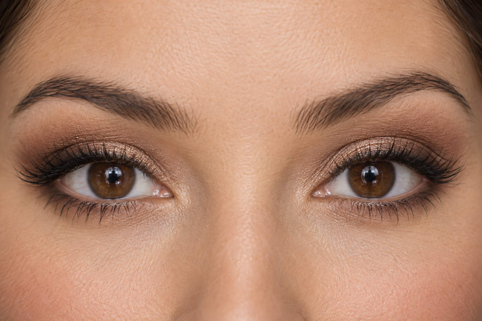 Close view of brown eyes with midtone shadow above the fold, bronze on the lids, and fine espresso definition along the upper lashes.