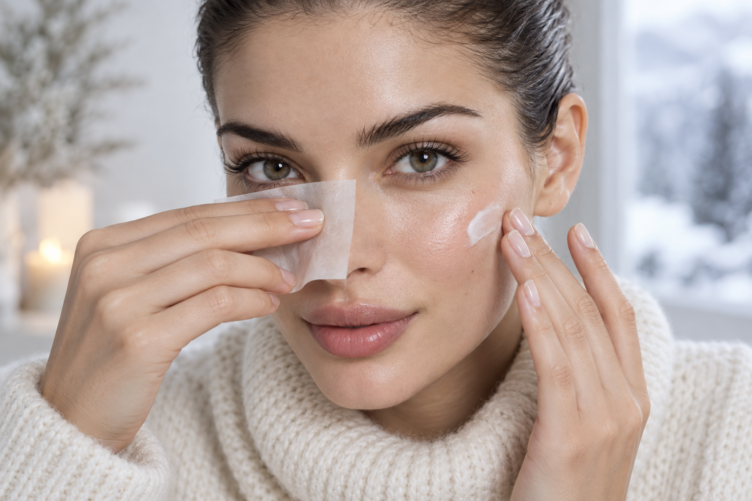 A woman presses blotting paper to her nose while touching moisturizer to her cheek in a close beauty portrait.