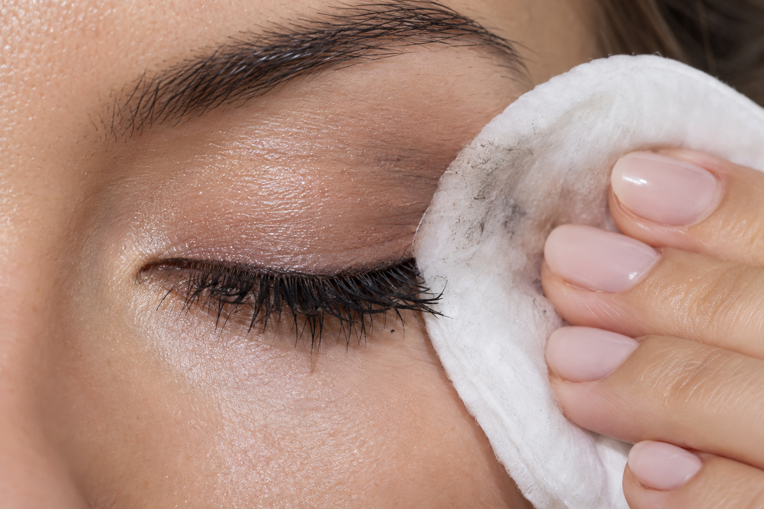 A damp cotton pad held against the outer portion of a closed eyelid, with mascara visible on the exposed lashes.