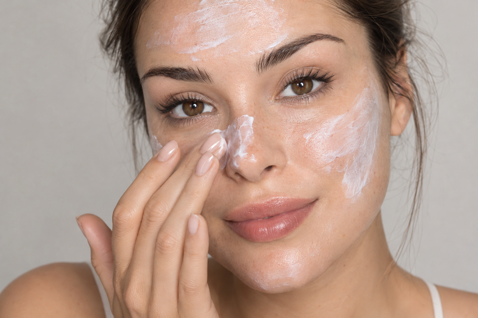 Woman spreading sunscreen beside her nose, with partially blended sunscreen visible on her forehead and cheeks.