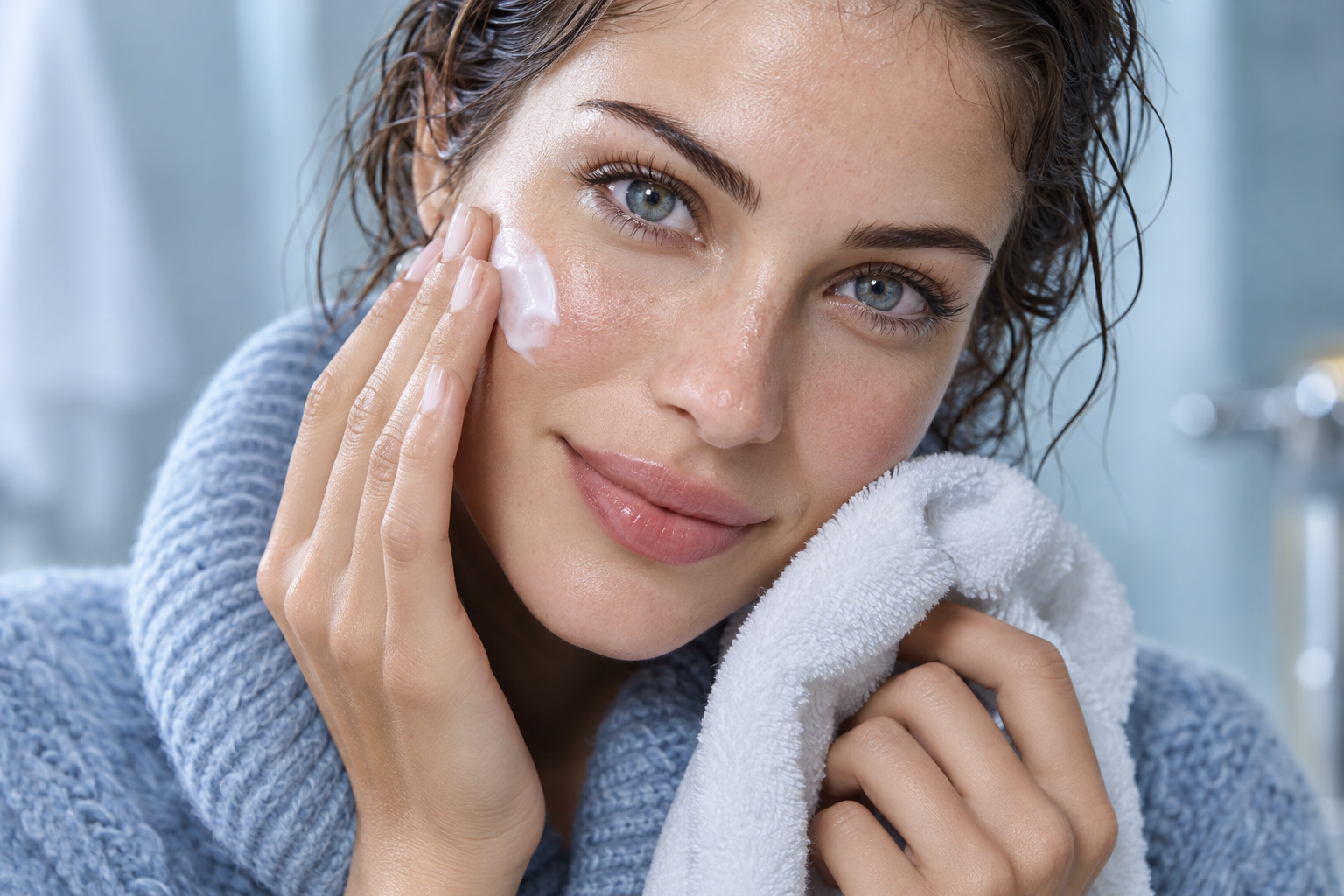 A woman holds a towel near her face while applying moisturizer to her cheek.