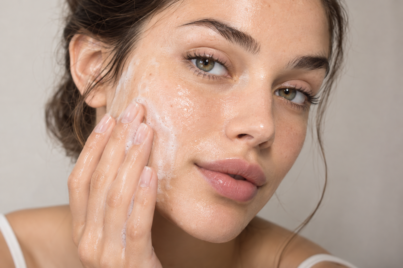Woman gently cleansing one wet cheek with her fingertips and a thin film of cleanser.