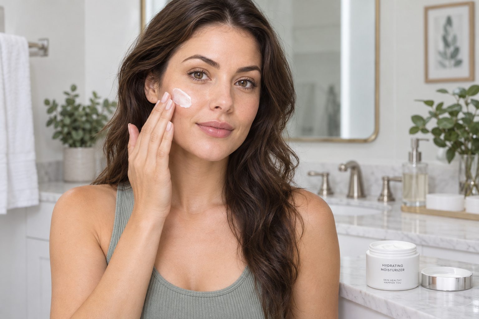 Woman gently applying a small dab of moisturizer to one cheek.