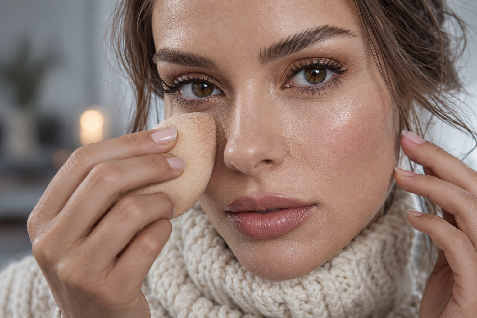 A woman presses foundation near her nose with a makeup sponge, with tiny rolled bits of base visible on her skin.