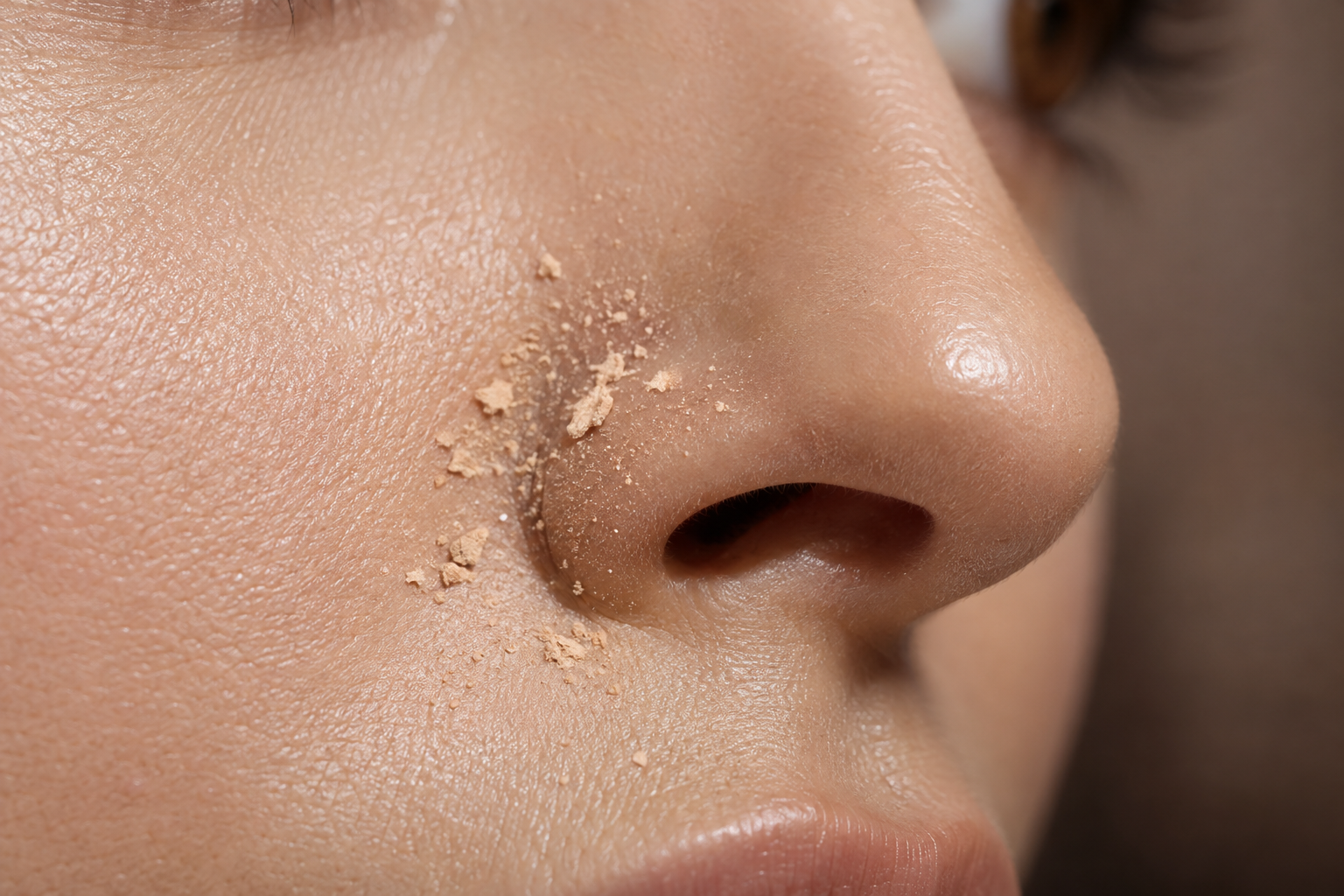 Small beige cosmetic crumbs beside a nostril over a thin layer of foundation.